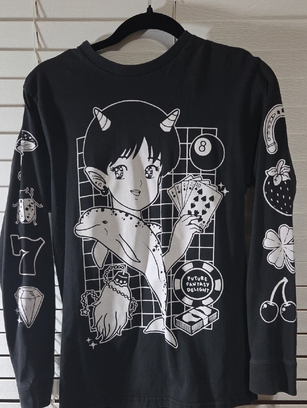 Black Graphic Long-Sleeve Tee with White Anime Motif